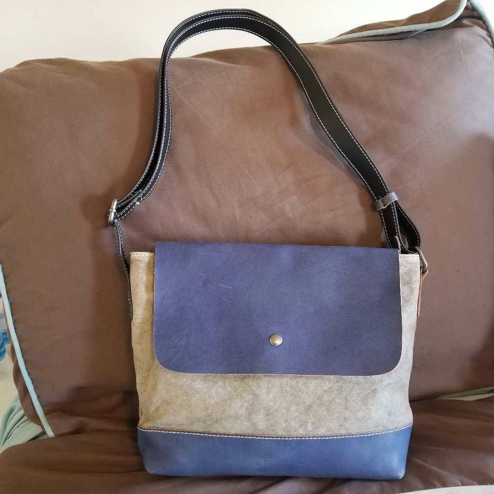 TSD Brand Blue Leather and Canvas Crossbody with Black Strap Handbag